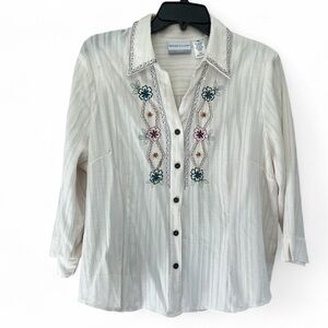 Alfred Dunner Embroidered Cream Button-Up Blouse